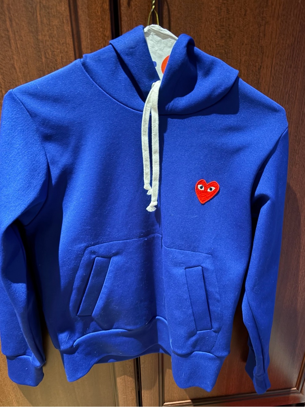 Comme des Garcons Ladies Blue Hoodie with Red Heart Patch